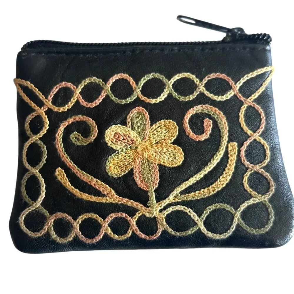 Embroidered Coin Purse Black Faux Leather Soutache Kashmiri Aari Work